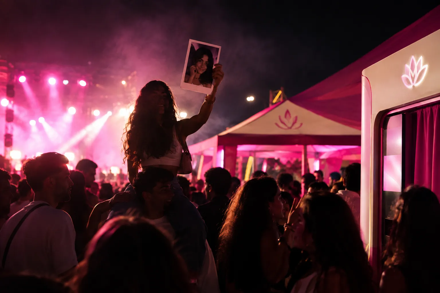 Une festivalière brandit son tirage devant une borne, près d’une scène de concert, la nuit