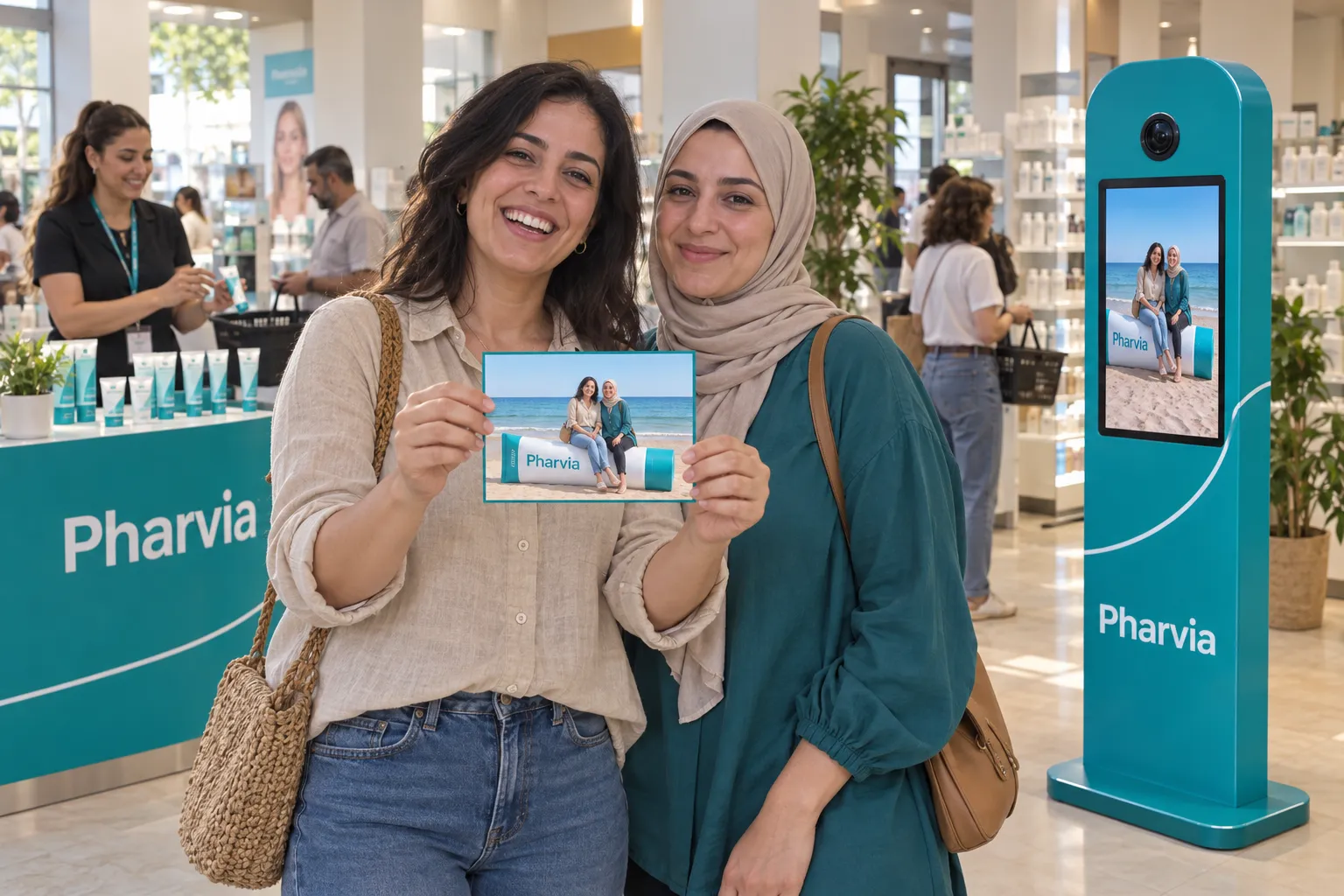 Au lancement d’une gamme solaire Pharvia, deux amies présentent leur tirage où elles sont assises sur un tube géant de crème, au bord de la mer