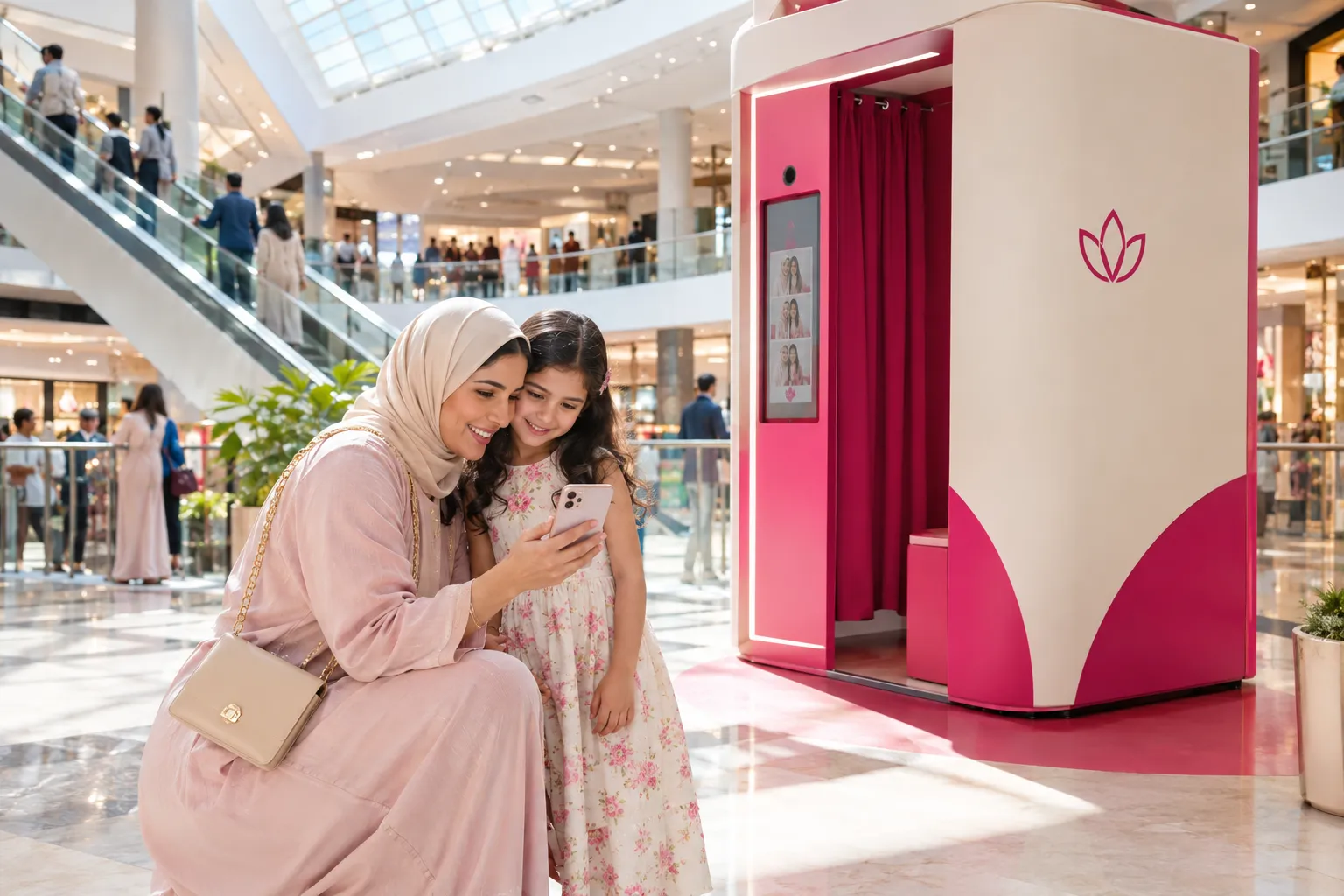 Un atrium de centre commercial à Casablanca, une mère et sa fille près de la borne