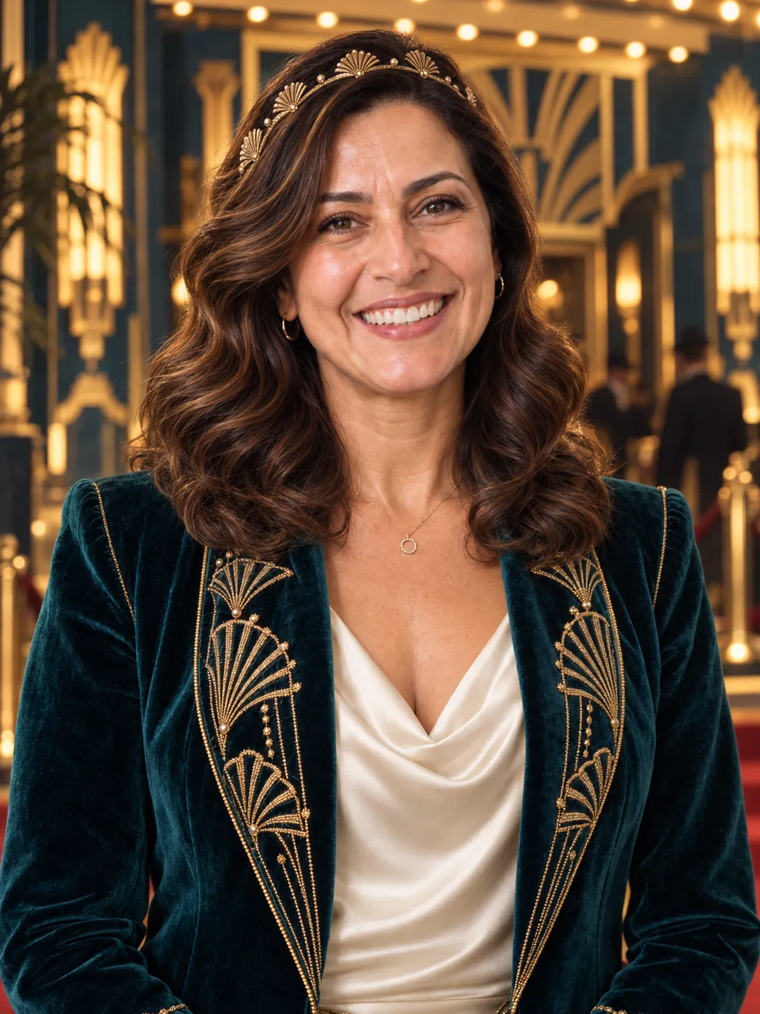 The same guest in an Art Deco setting, wearing a navy and gold jacket