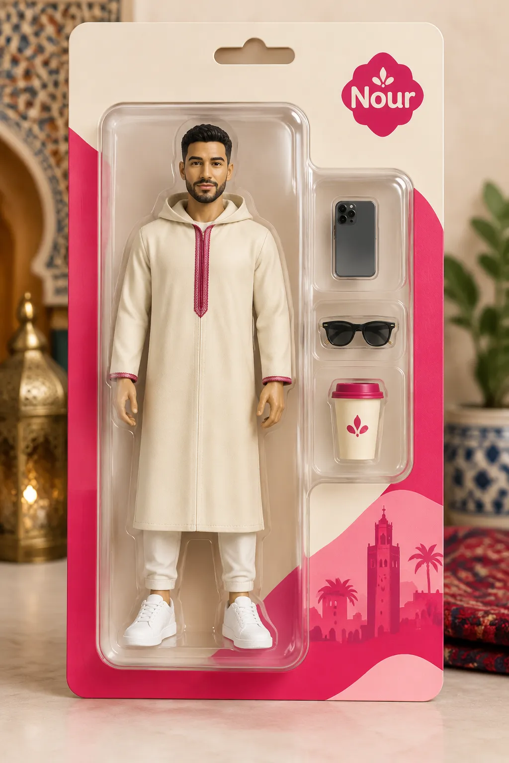 Figurine IA — un invité en figurine dans sa boîte