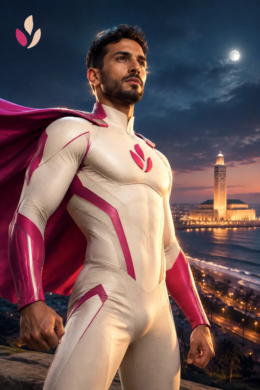 Affiche super-héros IA, un invité en héros sur Casablanca