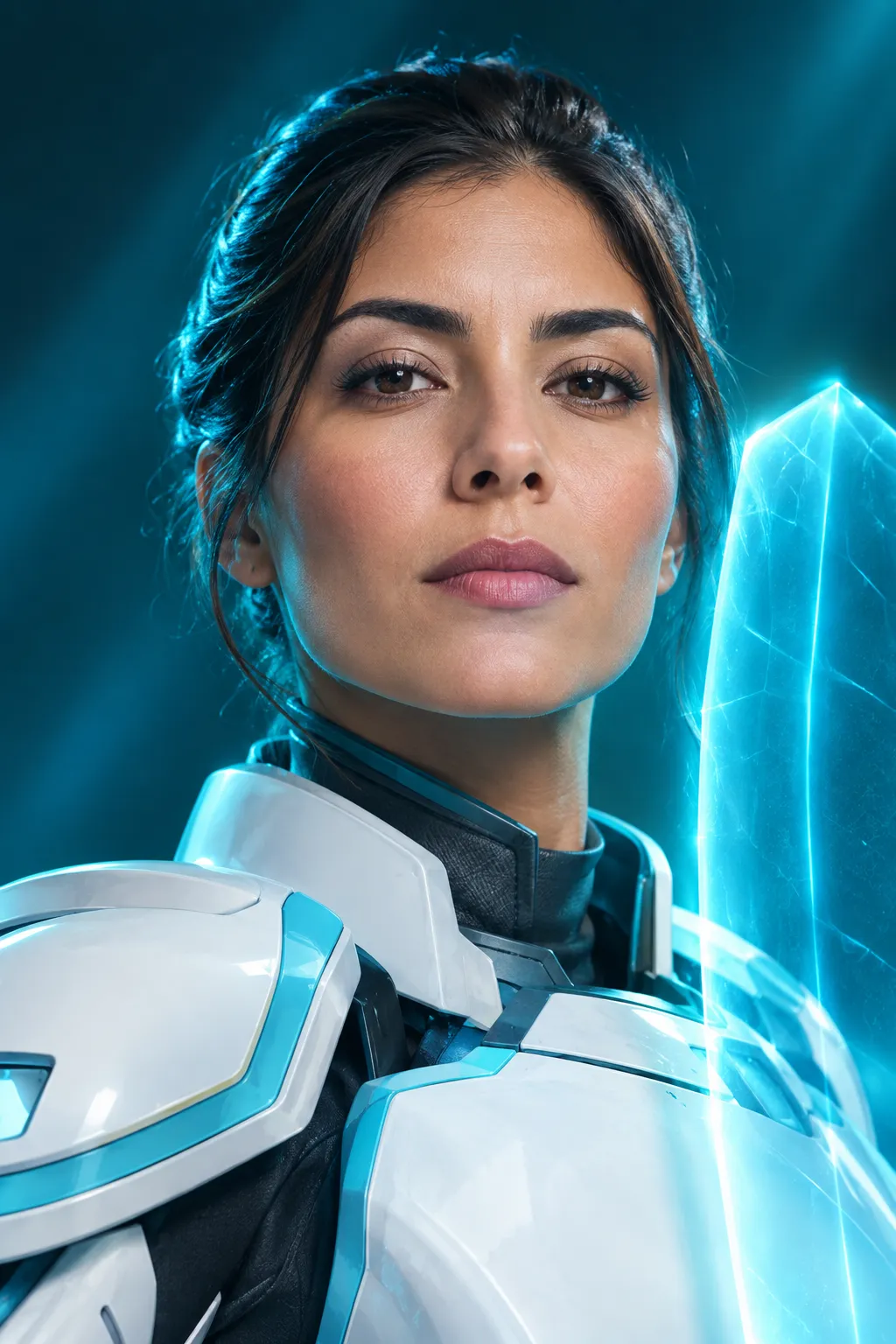 Une invitée en héroïne, en armure blanche aux accents turquoise