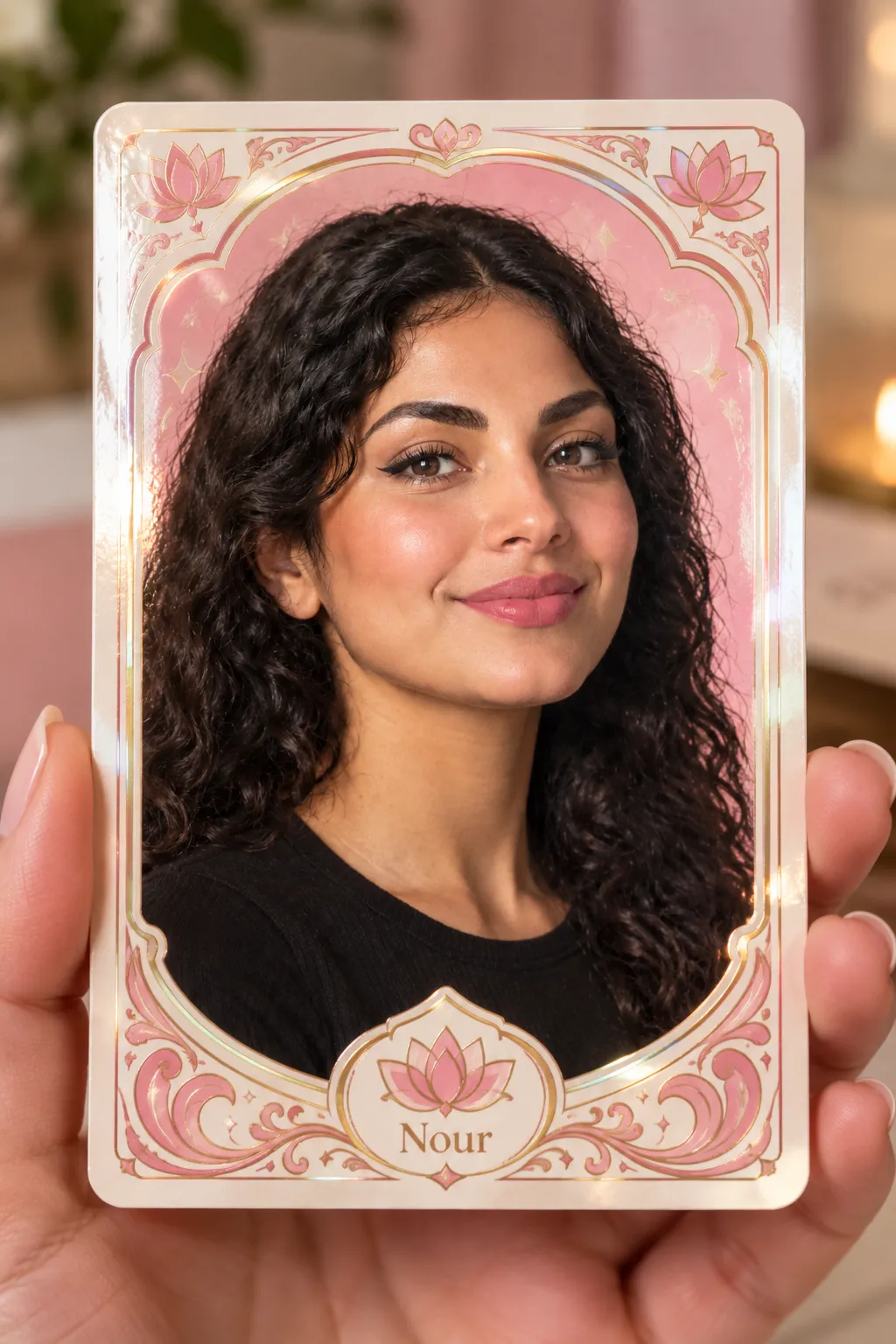 Tirage : le portrait IA d’une invitée sur une carte aux couleurs de la marque