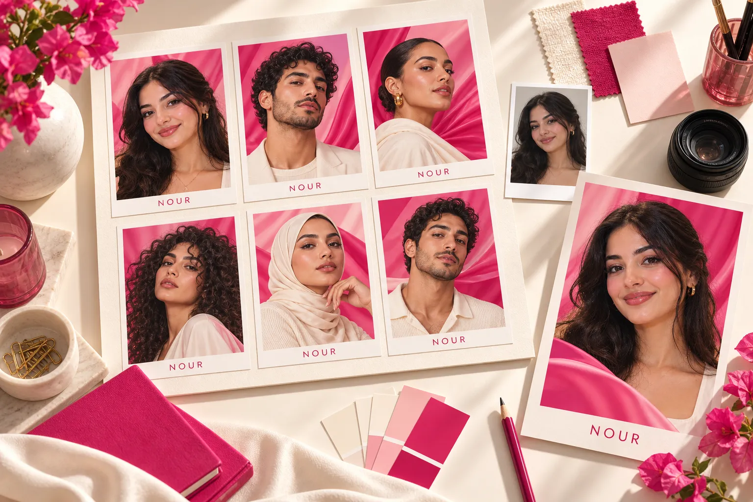 Étude créative : recherches de portraits, palette crème et rose et déclinaisons de campagne pour la marque Nour
