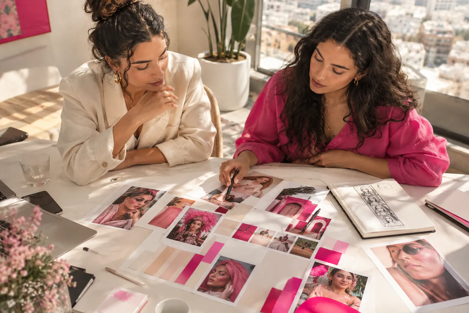 Deux personnes examinent des propositions de portraits et un moodboard pendant un échange créatif.