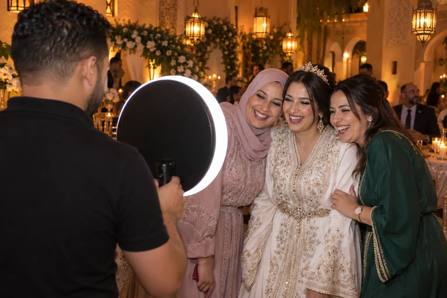 Pendant un mariage, la mariée et ses cousines posent joue contre joue face à l’anneau lumineux tenu par l’animateur