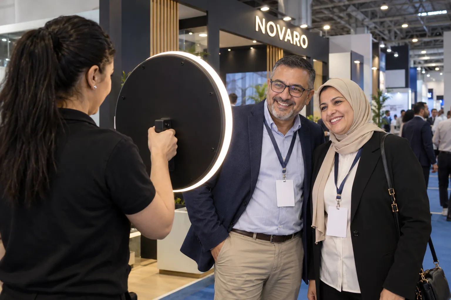 Dans l’allée d’un salon, une hôtesse tend l’anneau lumineux vers deux visiteurs qui sourient à leur image sur la tablette