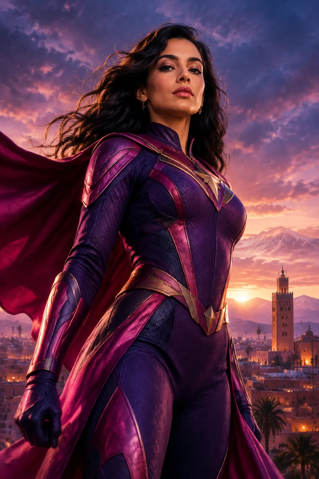 Cinéma : héroïne en costume violet devant Marrakech au crépuscule