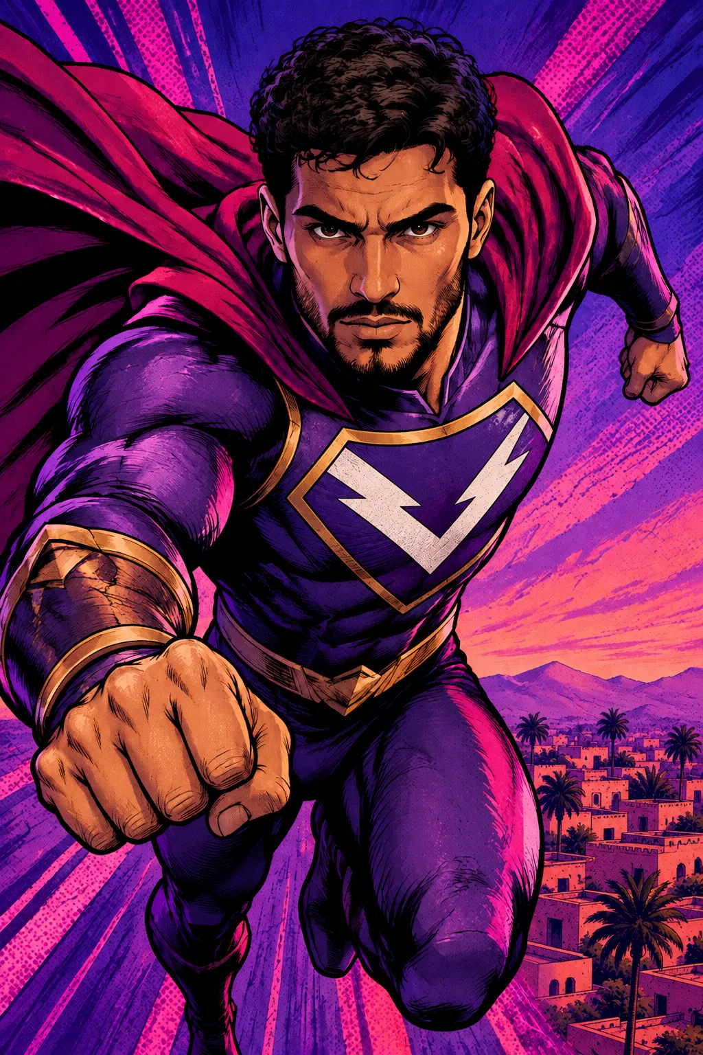 Comics : héros au poing tendu, emblème éclair blanc sur écusson violet et cape au vent