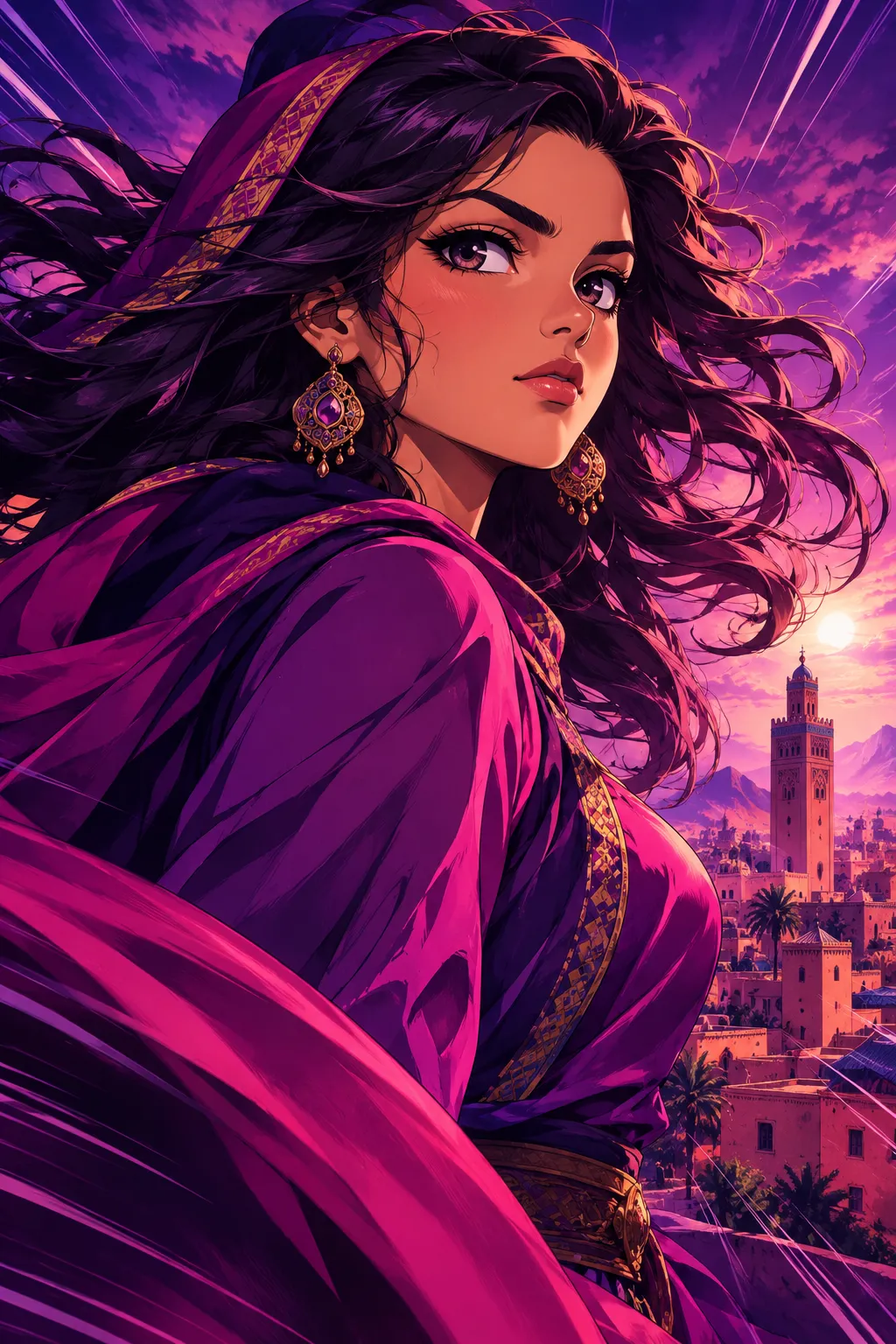 Manga : héroïne illustrée aux cheveux et à la cape dans le vent