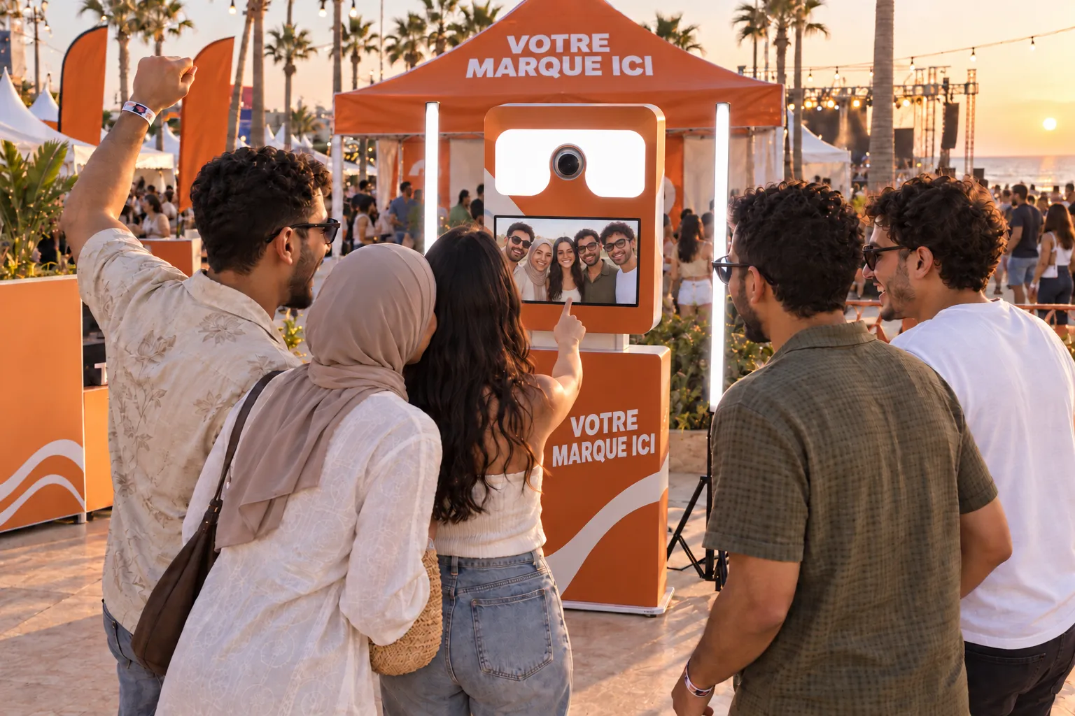 Une invitée lance la photo sur l’écran de la Selfie Box aux couleurs de votre marque, ses quatre amis face à la borne