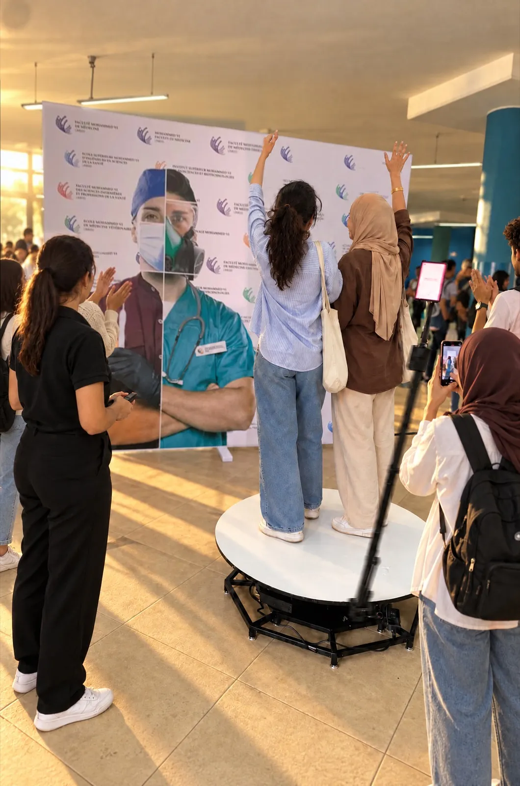 Deux étudiantes, bras levés, tournent sur le plateau de la borne 360° devant le photocall des facultés, sous les applaudissements de leurs amis