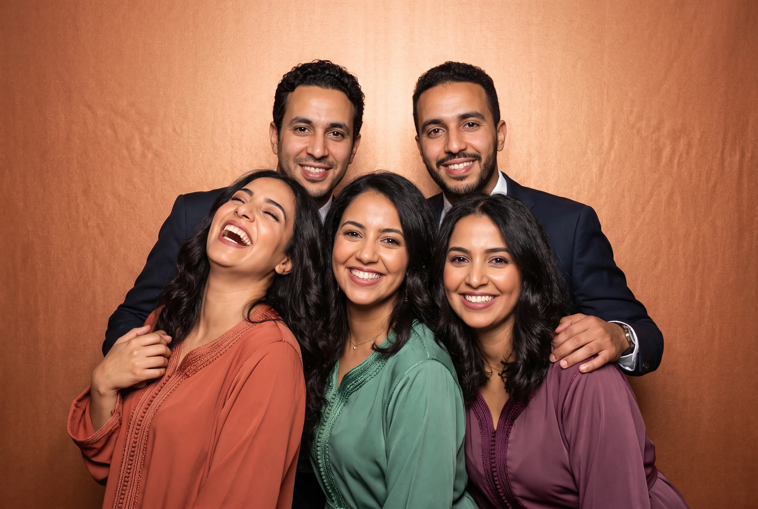 Cinq amis font une photo de groupe pendant un mariage