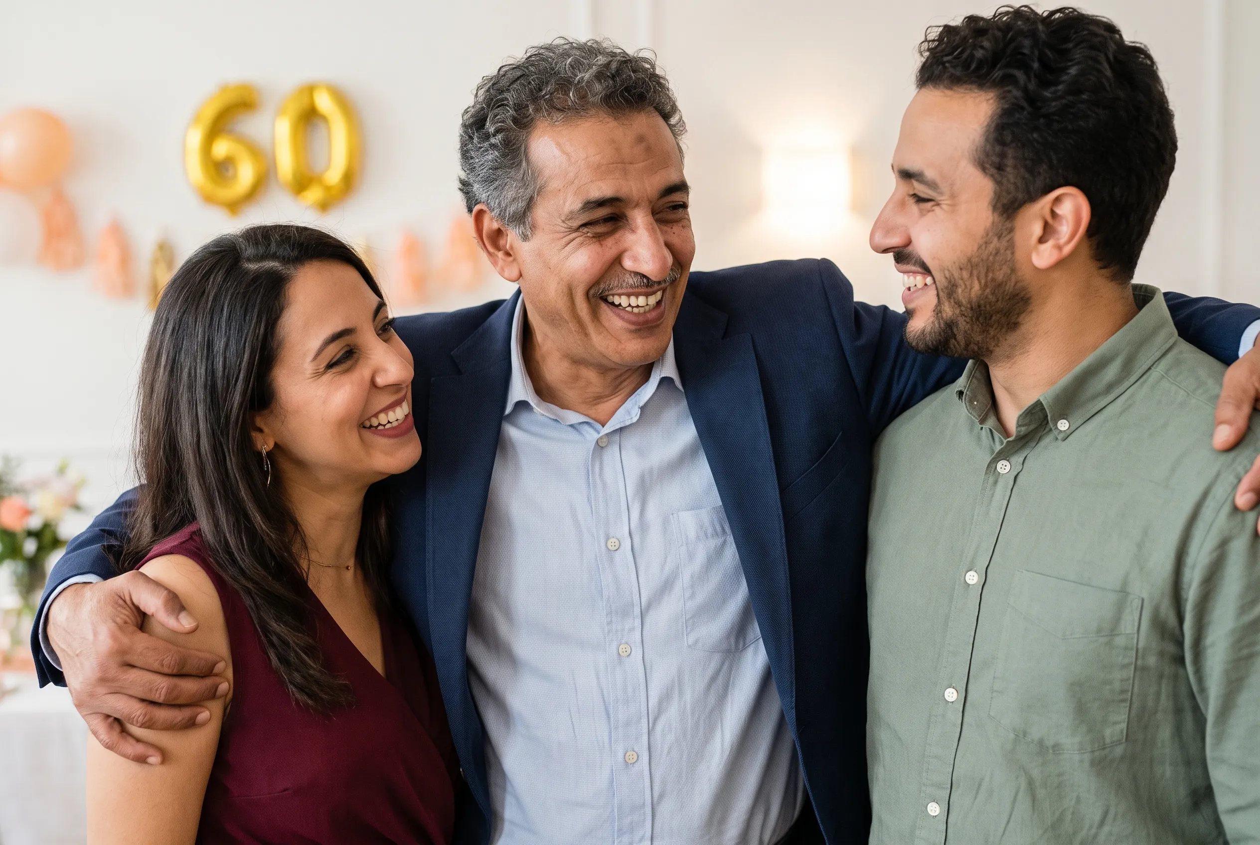 Un père fête son anniversaire avec ses deux enfants adultes