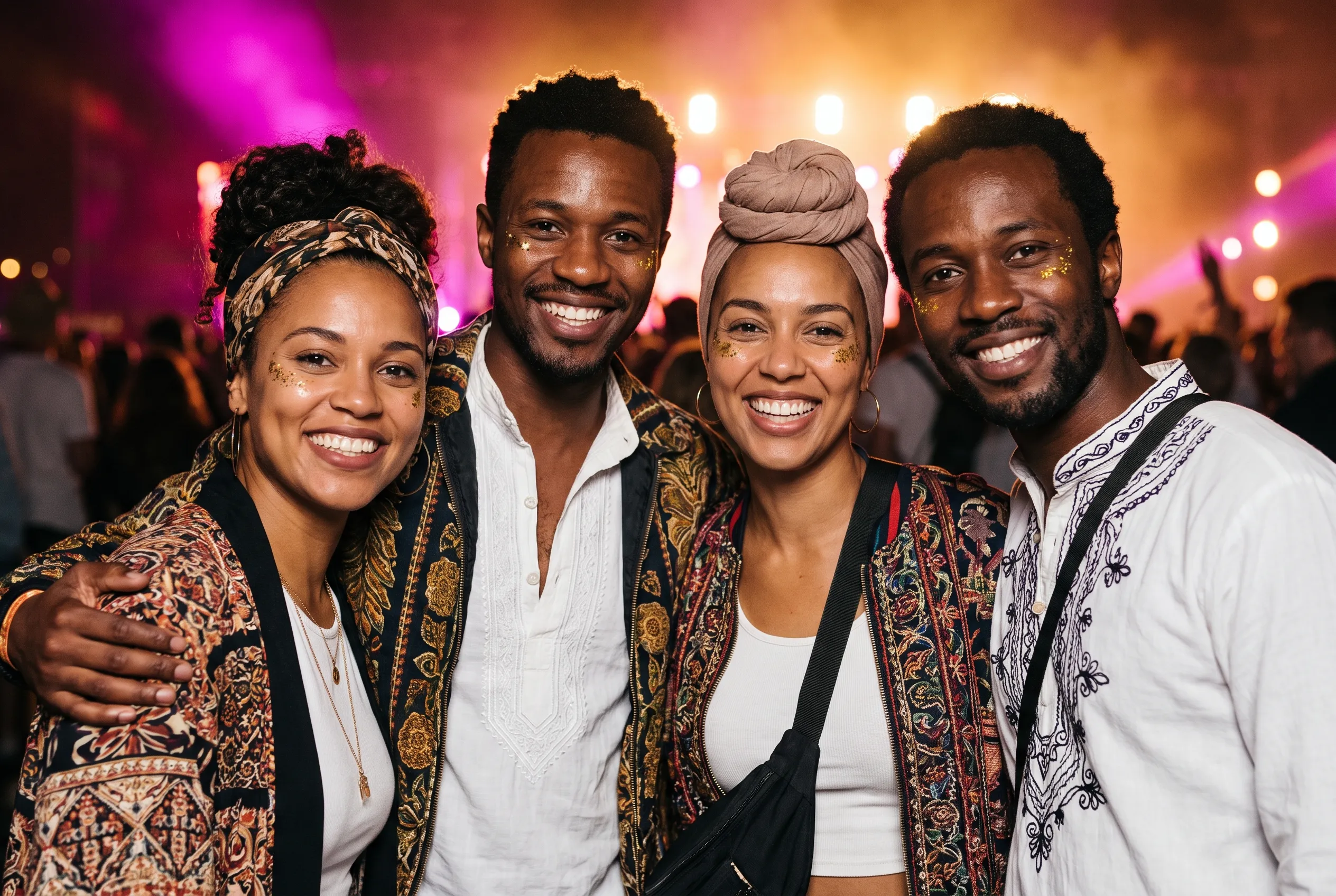 Quatre amis sourient devant un décor de festival lumineux