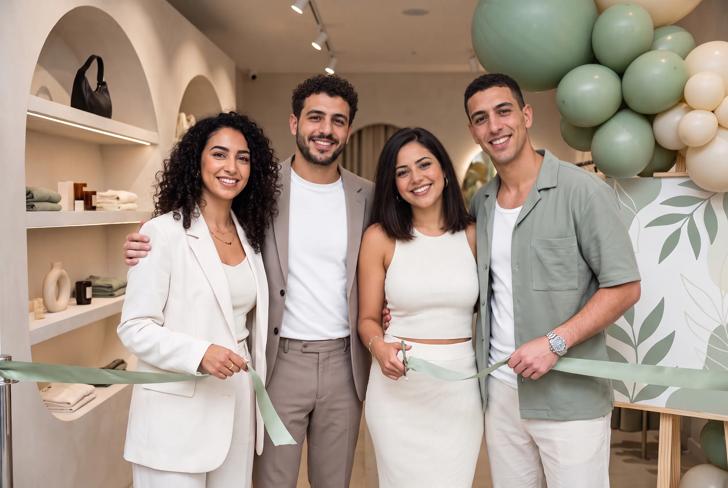 Une équipe de boutique fête son ouverture devant un décor de ballons