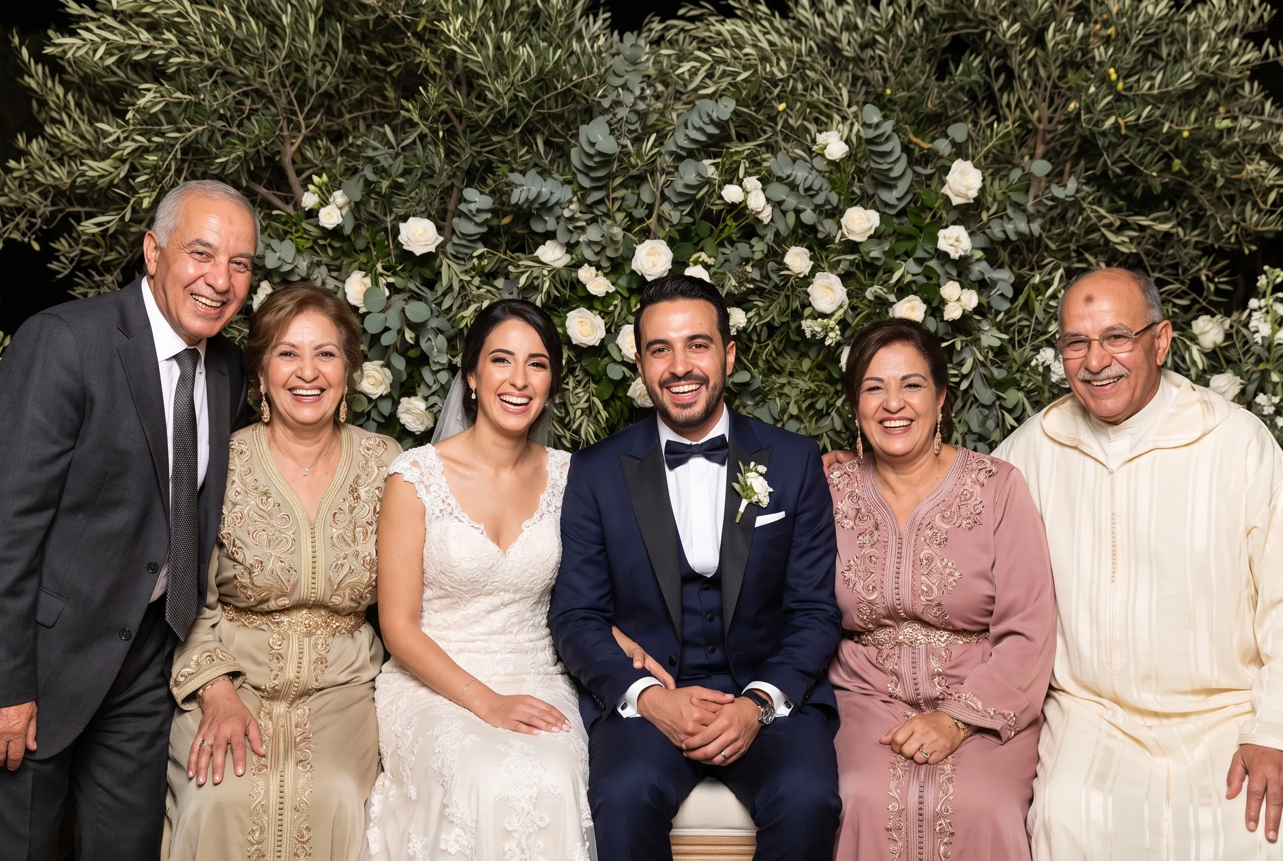 Un couple de mariés pose avec les deux parents de chacun