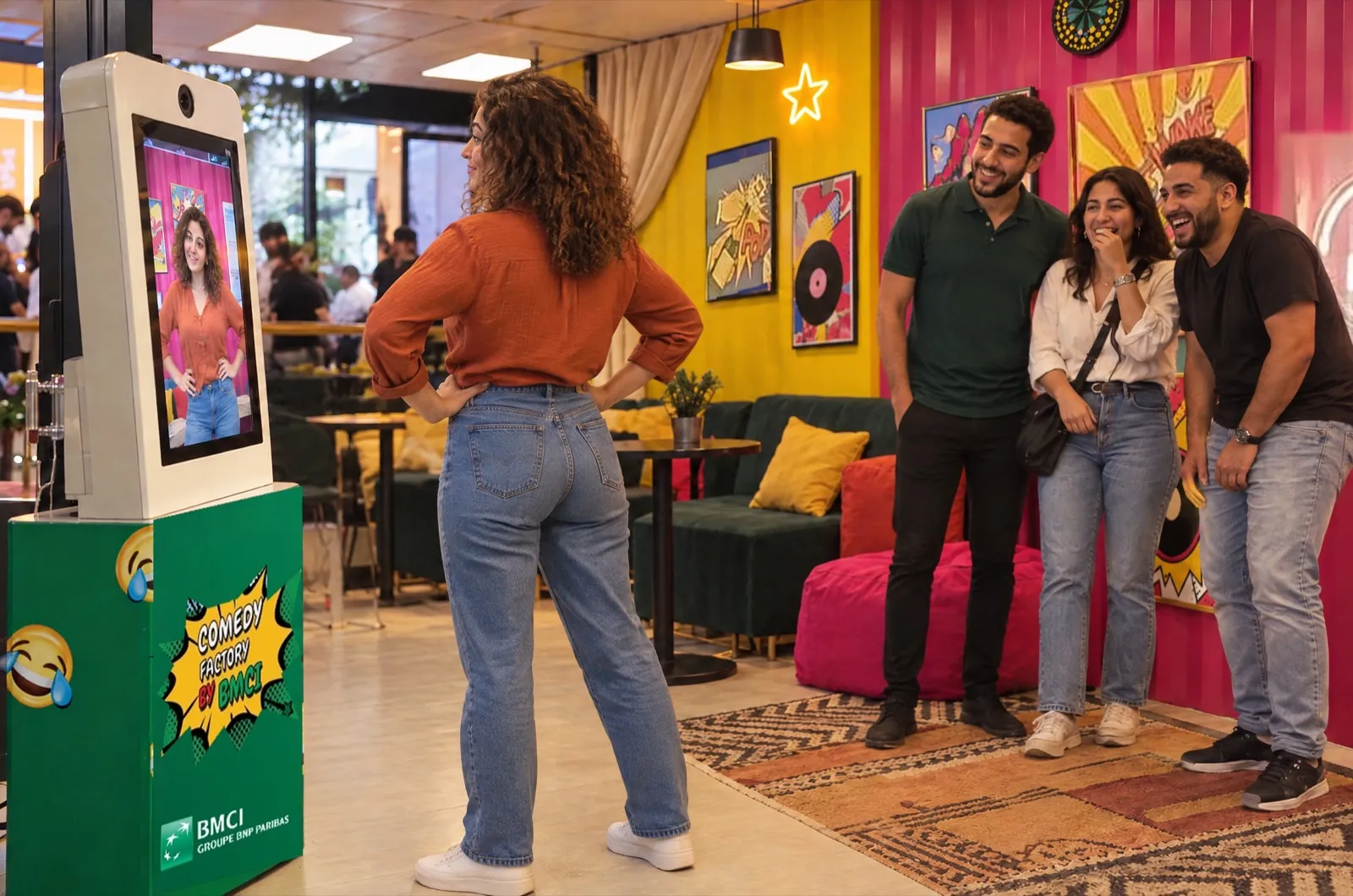 Une visiteuse prend une pose comique face à la borne caricature de la Comedy Factory, ses amis rient derrière elle