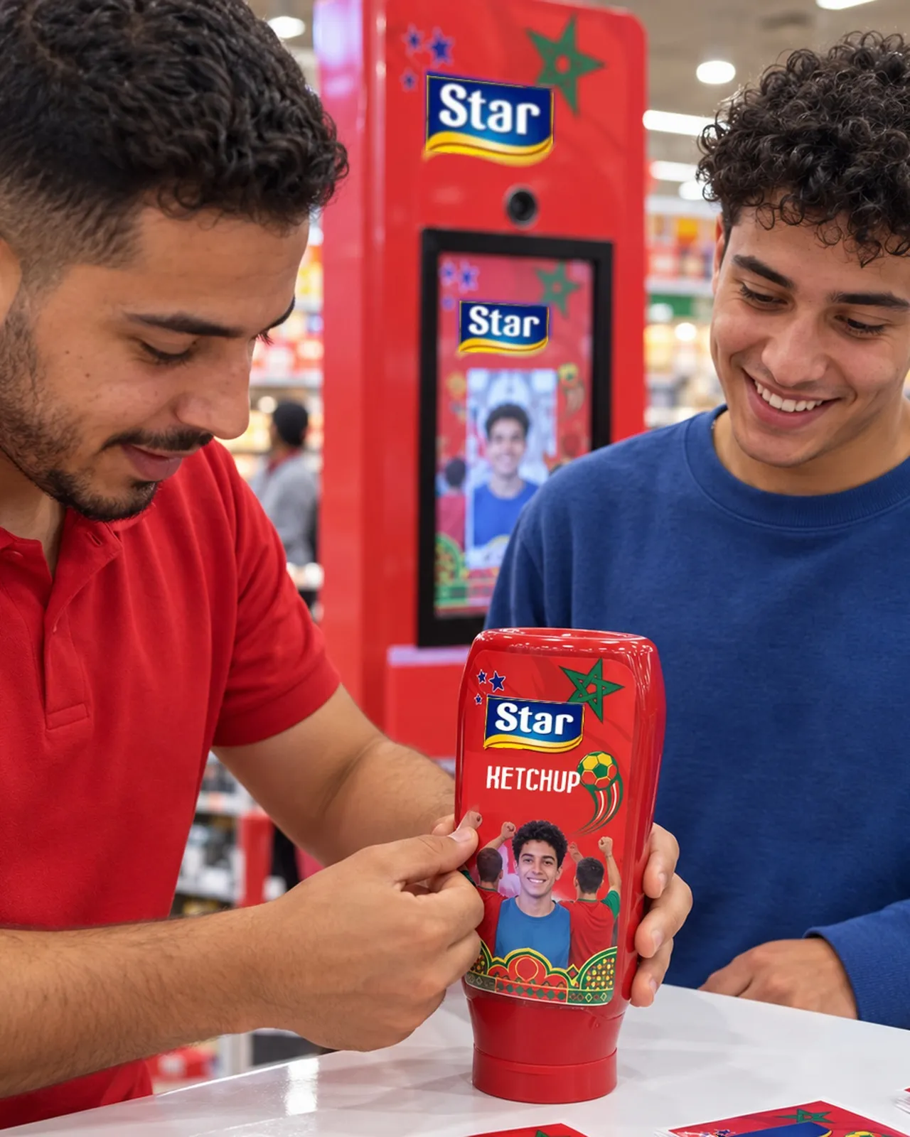 Un animateur PhotoBox pose l’étiquette personnalisée sur une bouteille Star devant un jeune client ravi