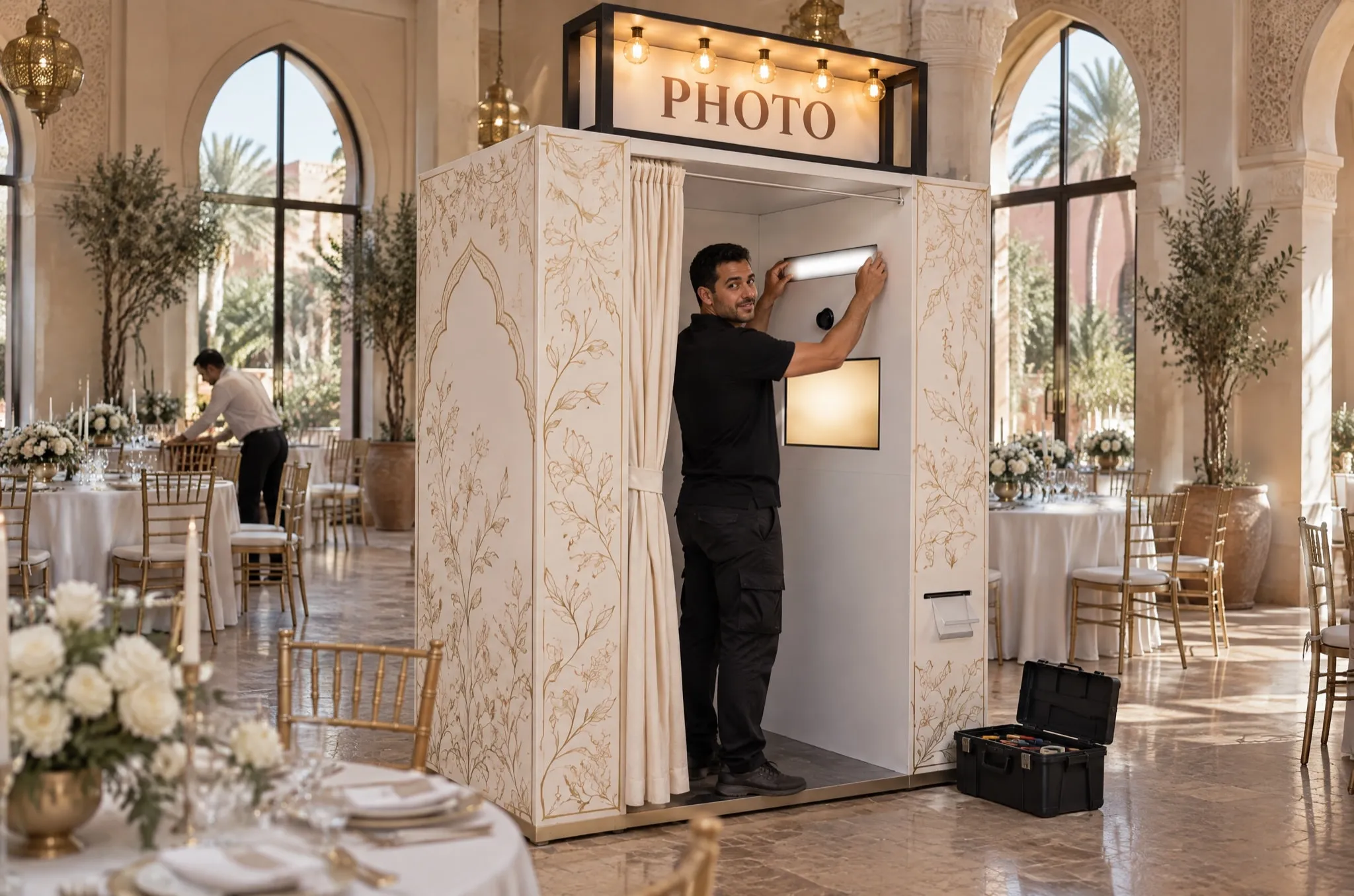 Dans une salle de riad avant l’arrivée des invités, un technicien PhotoBox règle l’éclairage de la cabine ivoire à motifs dorés