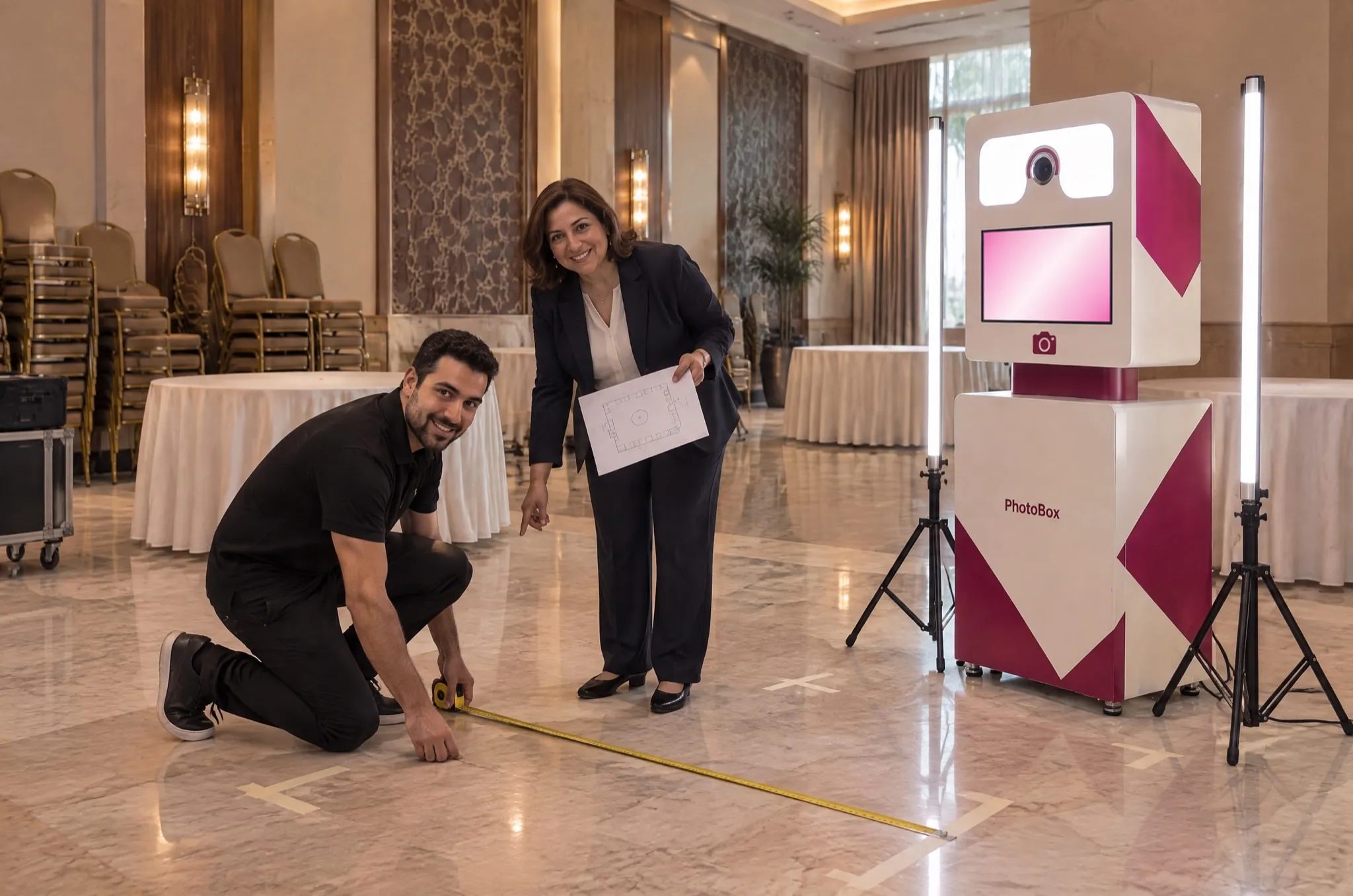 Dans une salle de réception encore vide, un technicien PhotoBox mesure l’emplacement au sol avec la responsable du lieu, à côté de la Selfie Box