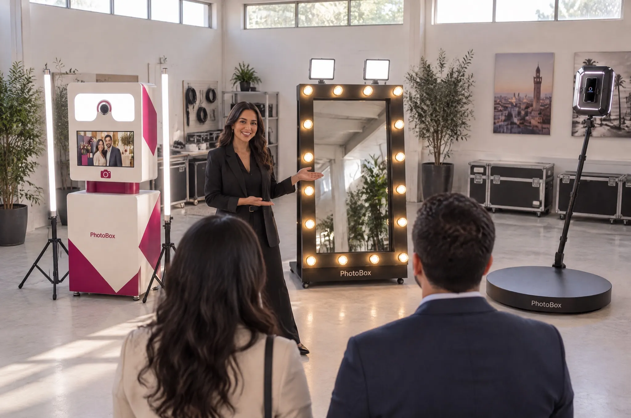 Dans le showroom PhotoBox, une chargée de projet présente à deux clients une Selfie Box, un miroir photo et une borne 360°