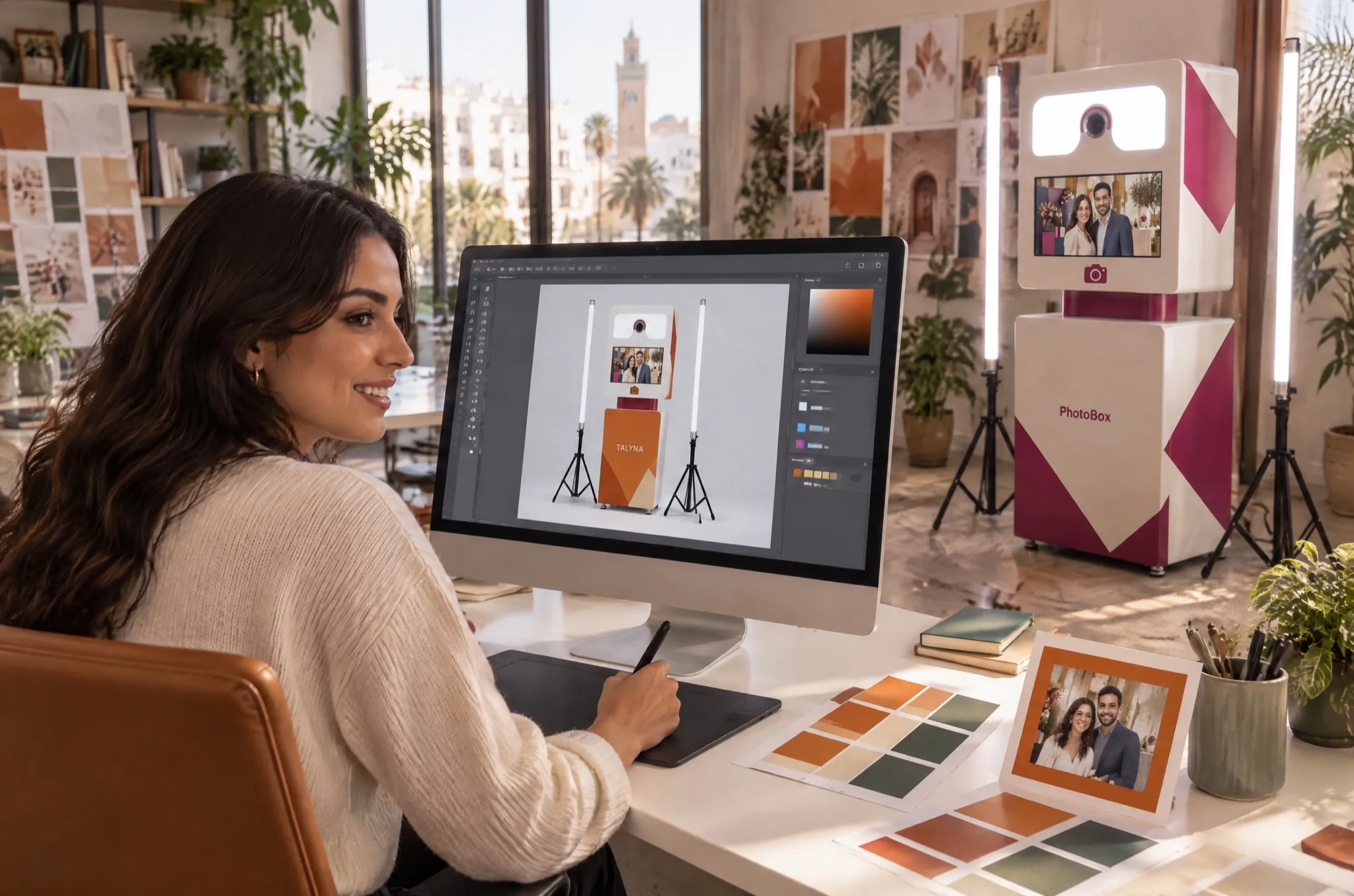 A PhotoBox designer prepares a booth wrap on screen, a PhotoBox booth standing behind her in the studio