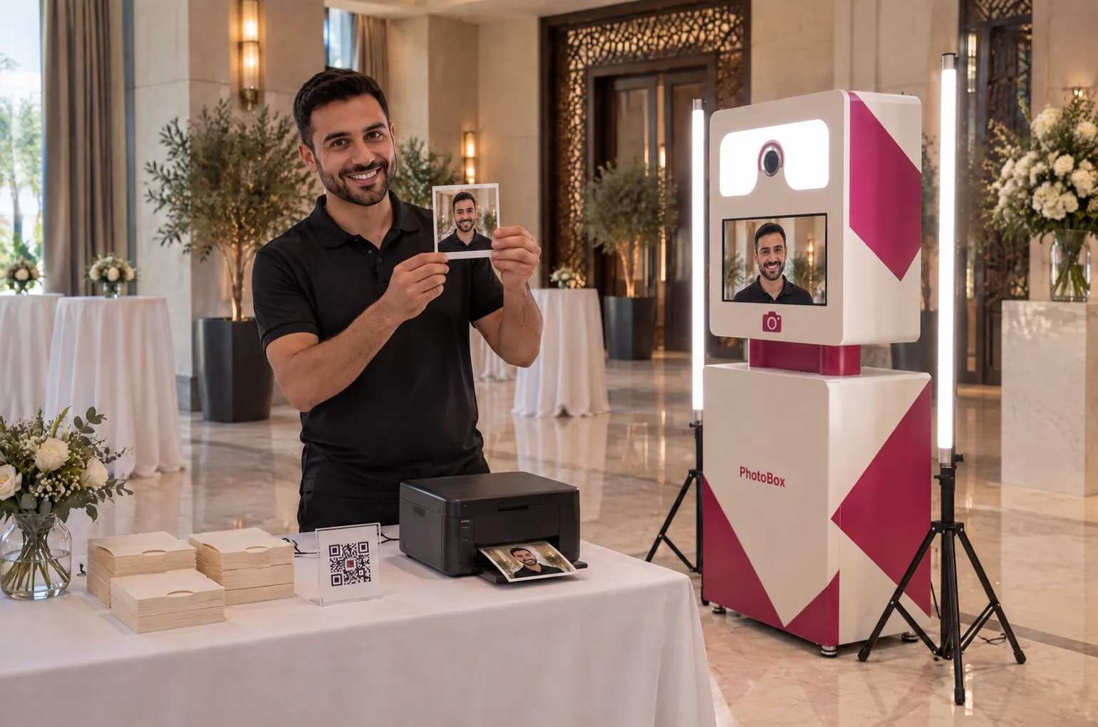 Avant l’ouverture, un technicien PhotoBox présente le tirage test devant une Selfie Box habillée, avec impression sur place.