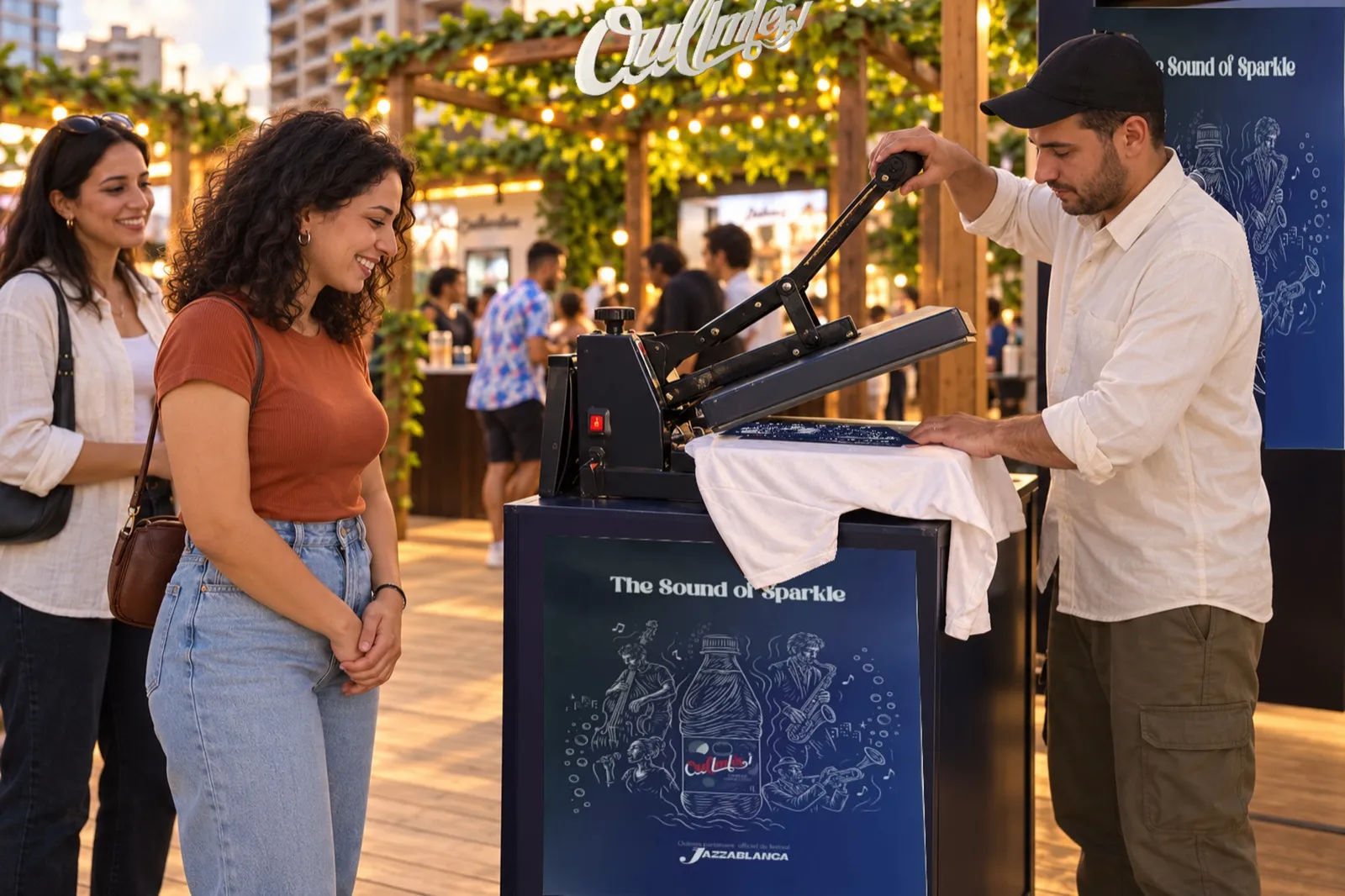 Au comptoir The Sound of Sparkle, un opérateur presse le portrait d’une festivalière sur un t-shirt blanc