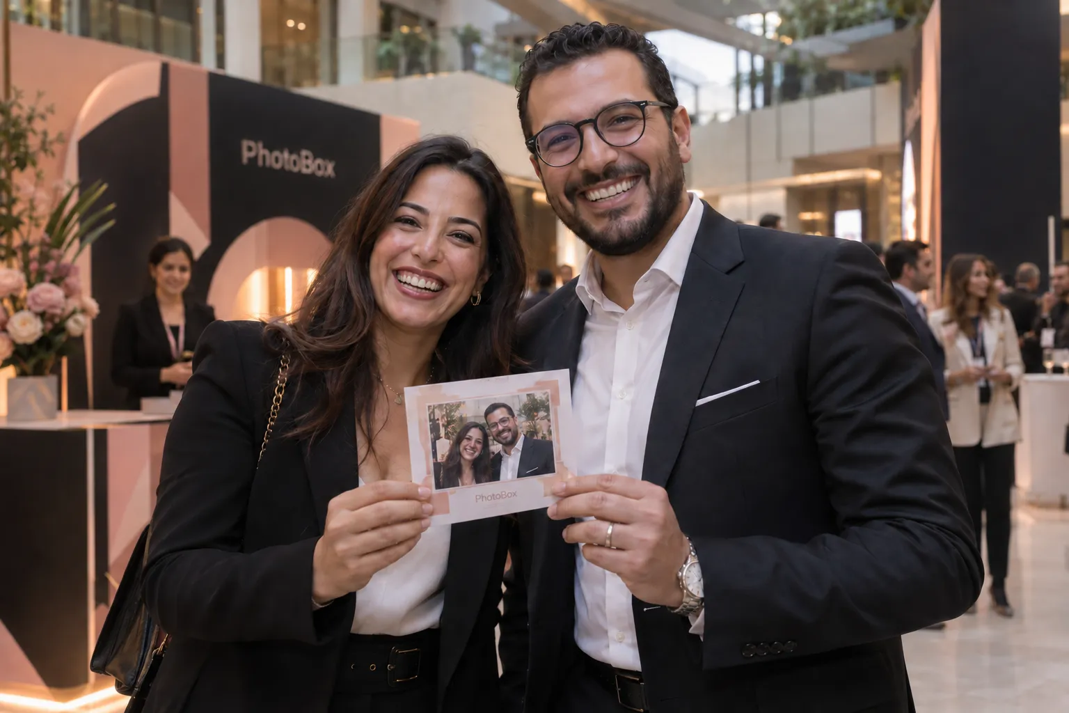Deux participants montrent leur tirage photo pendant une pause