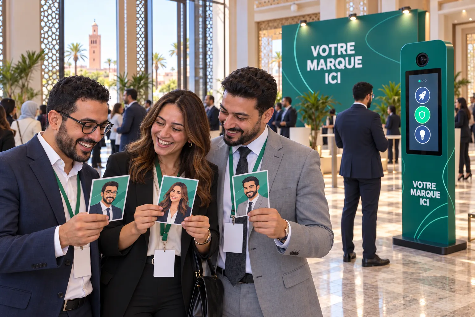 Dans le foyer d’un hôtel, trois collègues comparent en riant leurs cartes persona à leur effigie, la borne quiz verte derrière eux