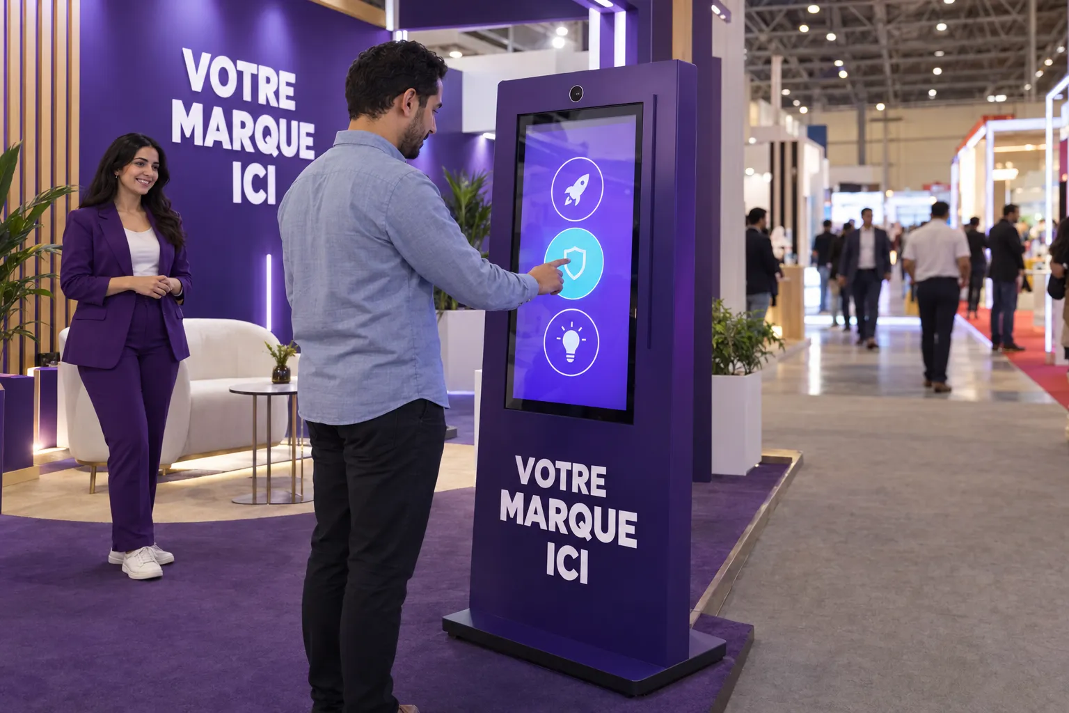 Sur un stand aux couleurs de votre marque, un visiteur touche l’un des trois pictogrammes de la borne quiz sous le regard d’une hôtesse