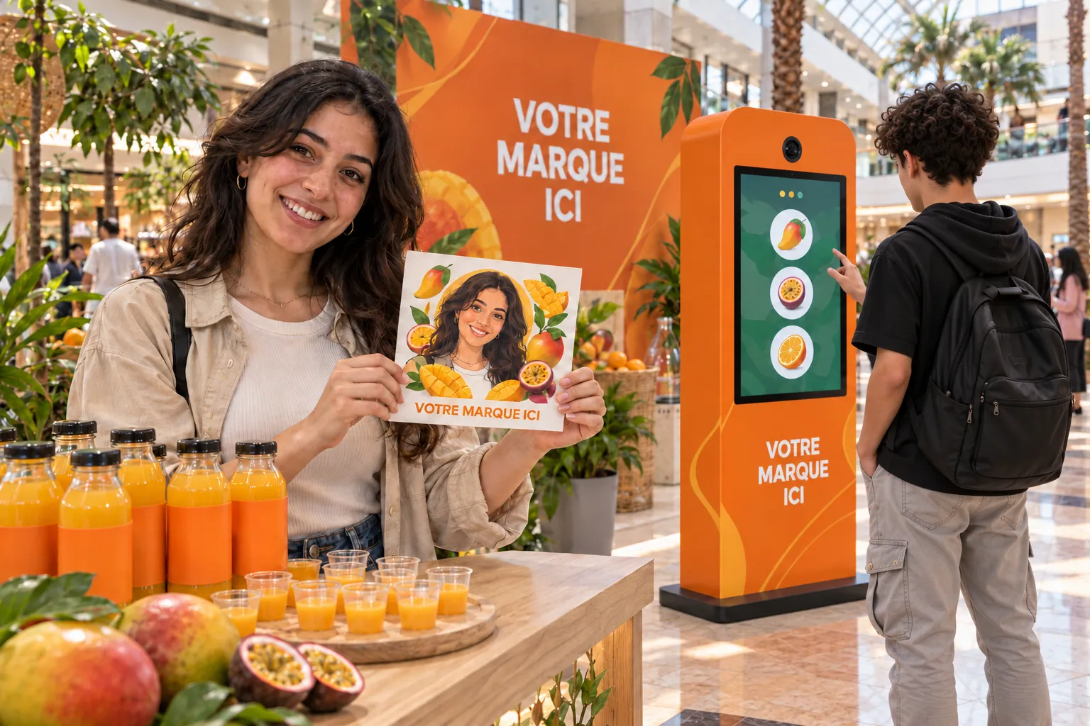 Dans l’atrium d’un centre commercial, une jeune femme présente sa carte persona illustrée devant le comptoir de dégustation et la borne quiz orange