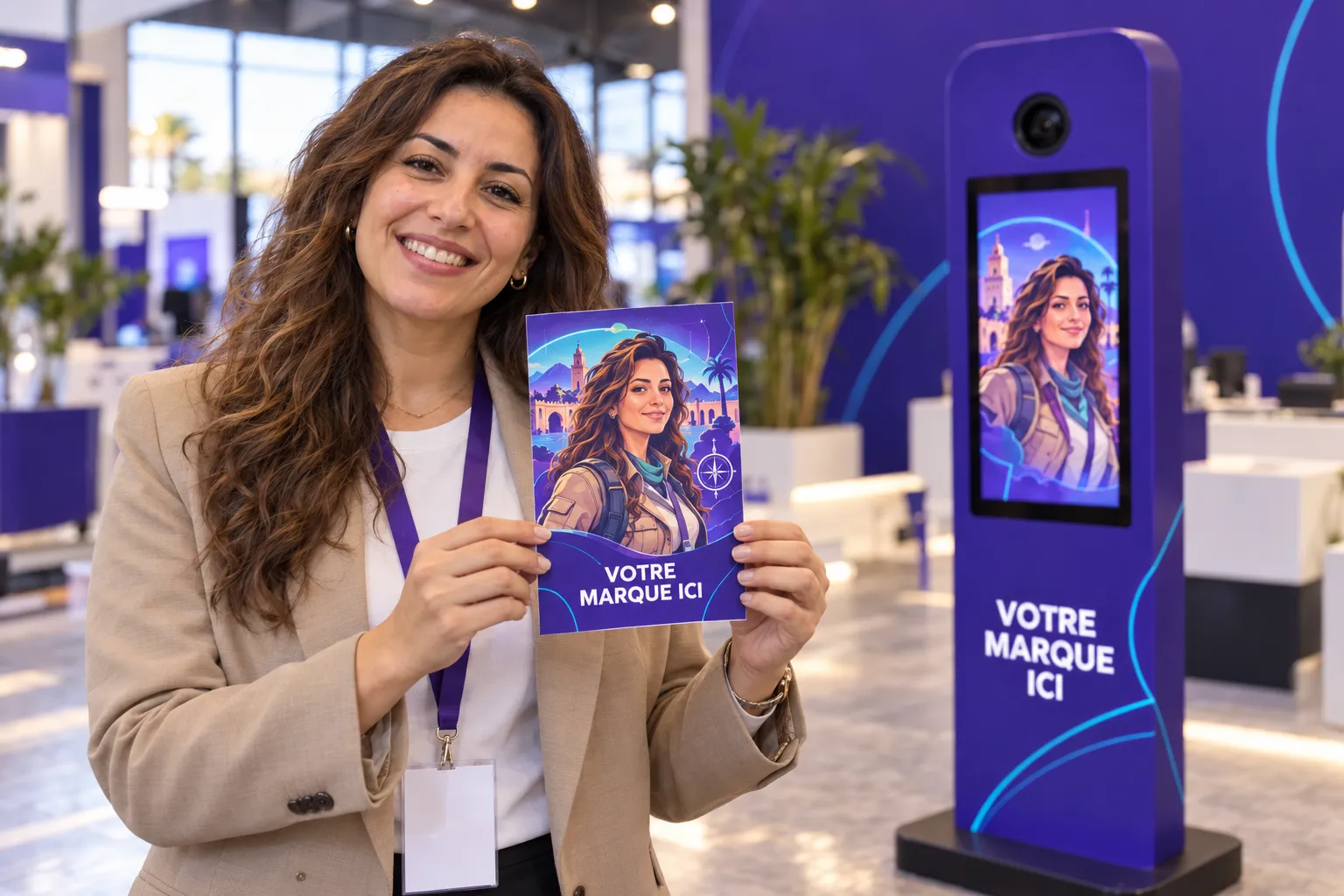Une participante présente sa carte persona imprimée, son portrait illustré en exploratrice aux couleurs de votre marque, devant la borne quiz