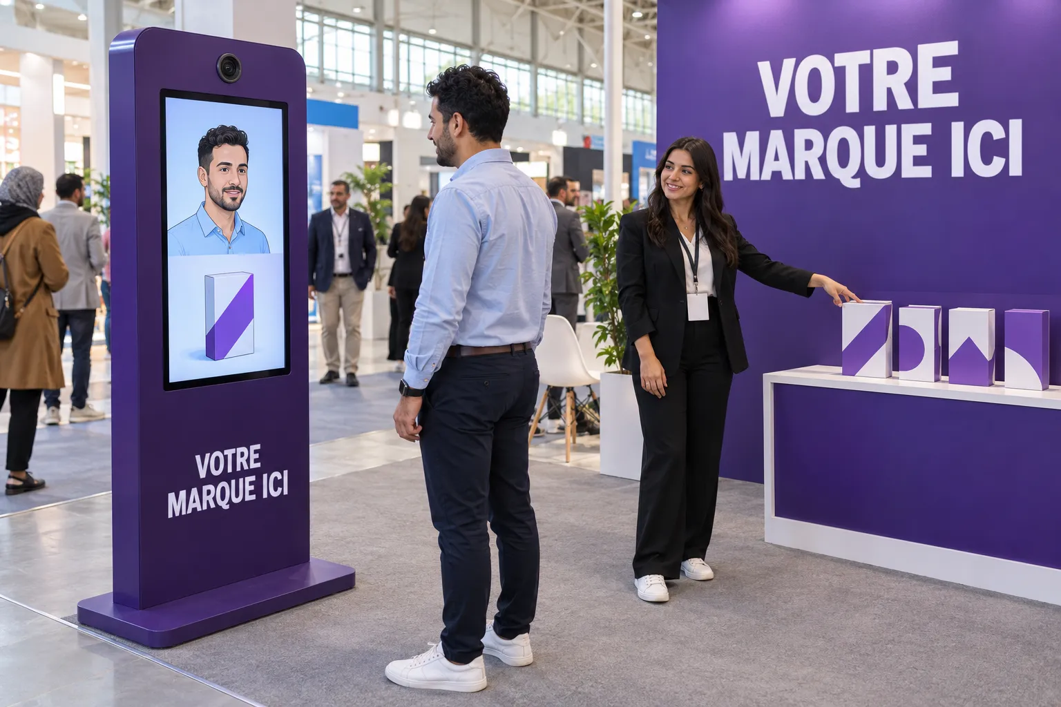 Sur un stand aux couleurs de votre marque, un visiteur découvre son portrait illustré et le produit associé sur la borne quiz, guidé par une hôtesse