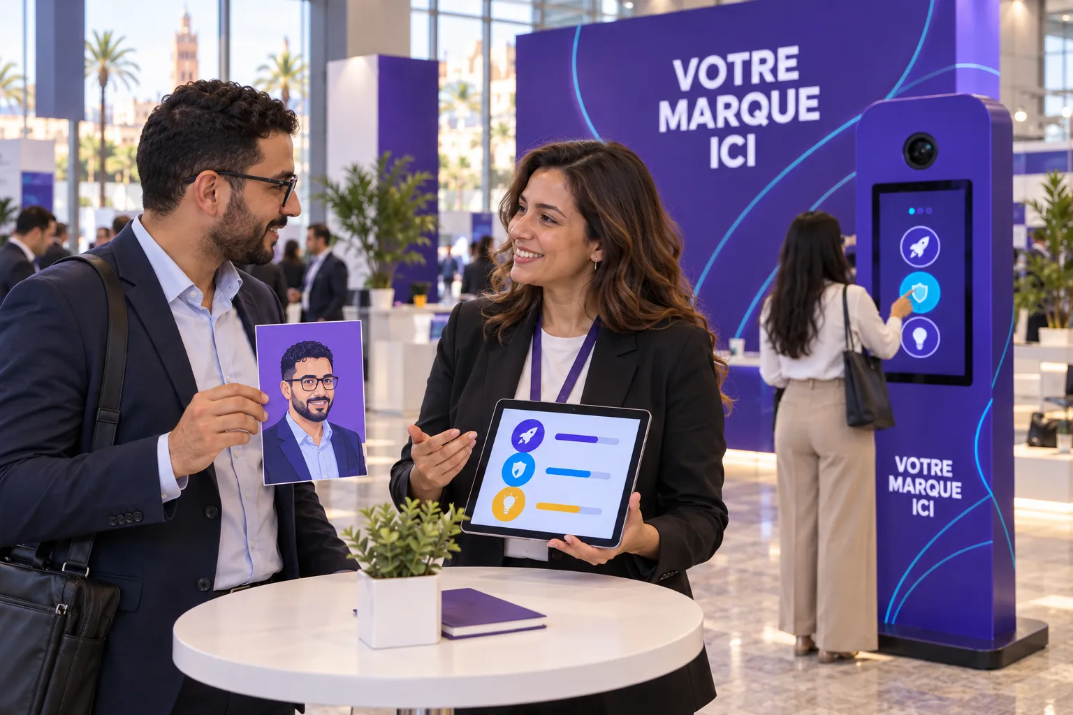 À une table haute, une commerciale consulte sur sa tablette les réponses d’un visiteur qui tient sa carte persona ; derrière, une participante joue
