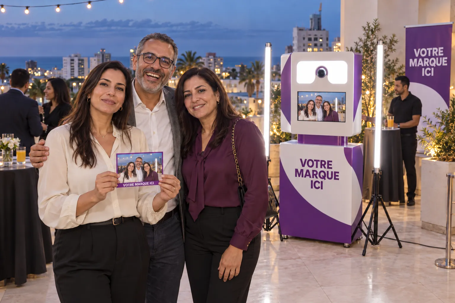 Sur un toit-terrasse de Casablanca, trois collègues présentent leur tirage devant le photobooth, une Selfie Box aux couleurs de votre marque
