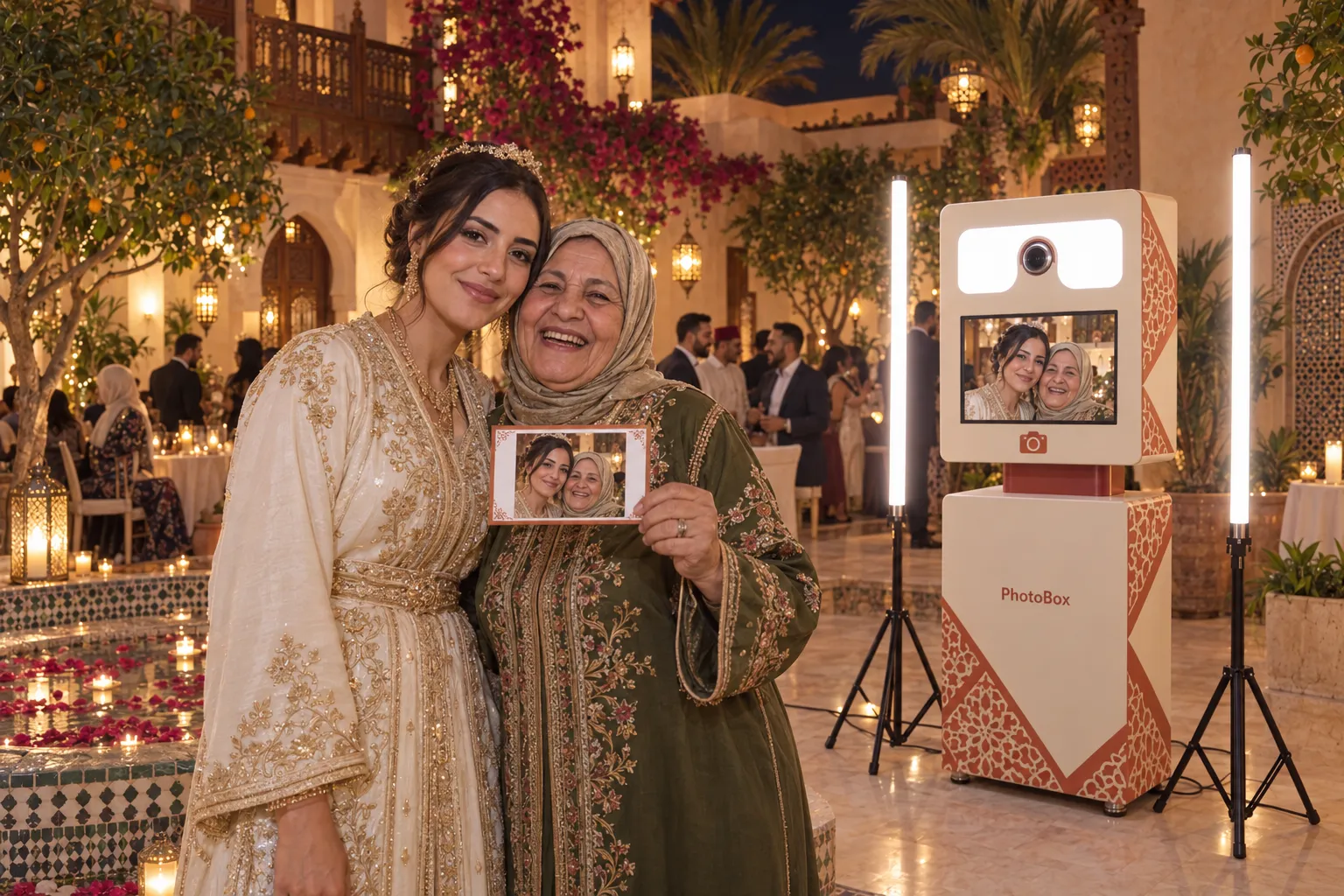 A bride and her grandmother show their print beside a terracotta-patterned Selfie Box in a riad