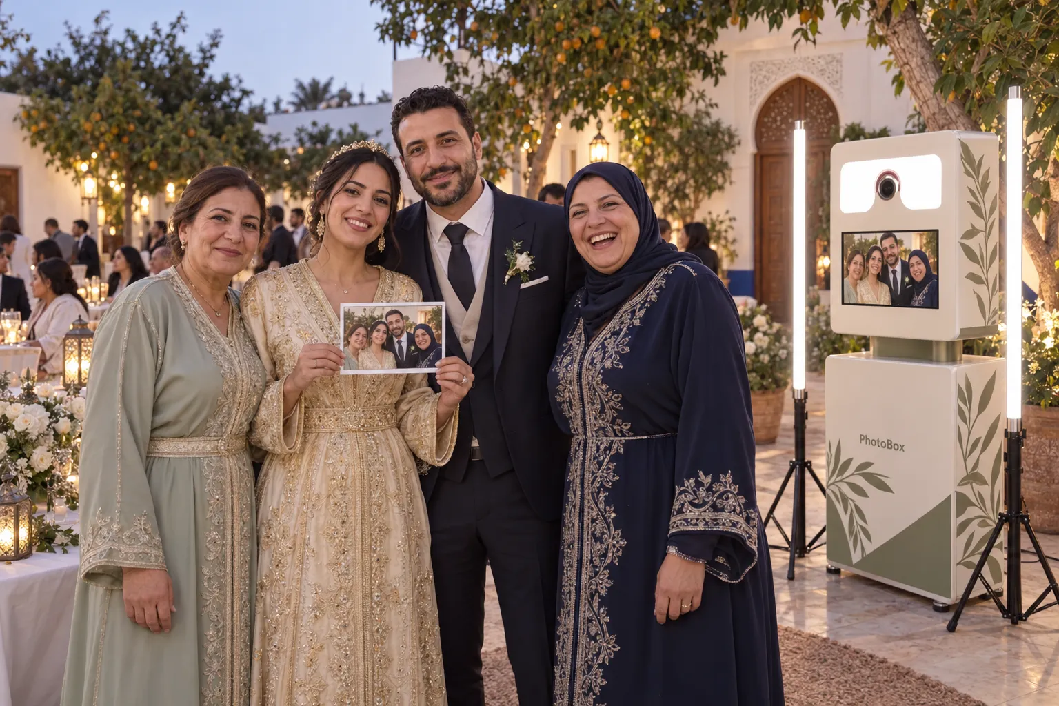 Les mariés et leurs deux mères présentent leur tirage devant le photobooth, une Selfie Box habillée de feuillages, dans un jardin