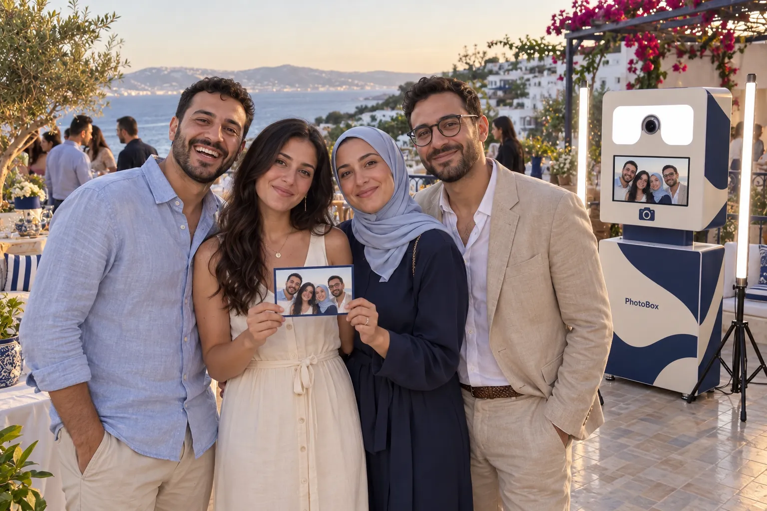 Quatre cousins présentent leur tirage devant le photobooth, une Selfie Box décorée de vagues, sur une terrasse face au détroit