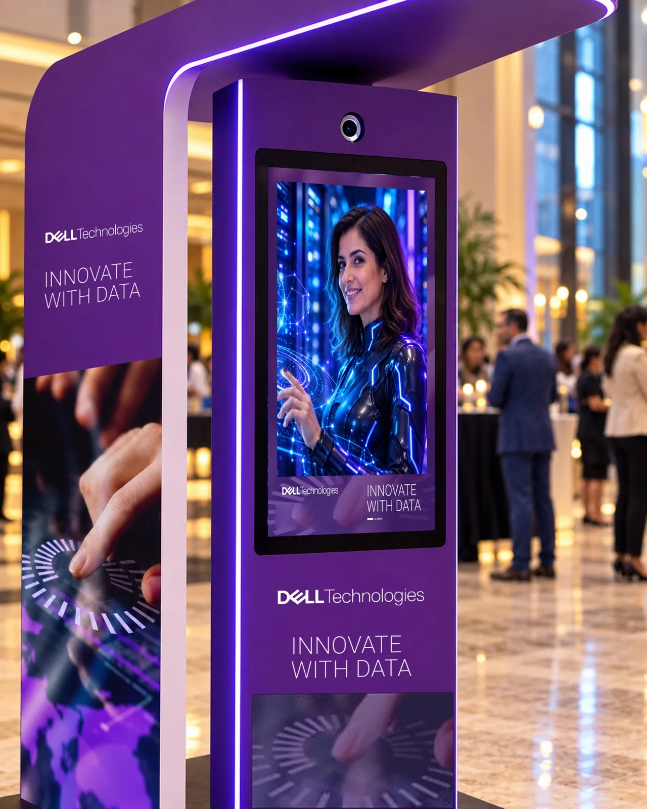 À l’écran, le portrait d’un invité transformé en personnage cyber aux néons, cadre Dell Technologies
