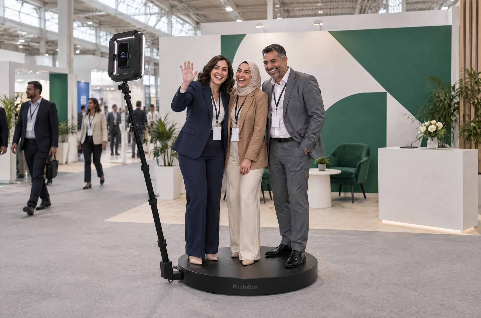Trois collègues en tenue de travail rient sur la plateforme 360° installée devant un stand de salon professionnel