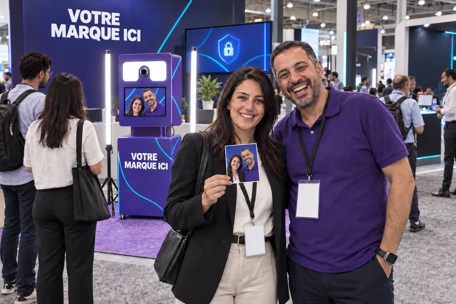 Une visiteuse et un exposant présentent leur tirage devant une Selfie Box aux couleurs de votre marque sur un salon professionnel