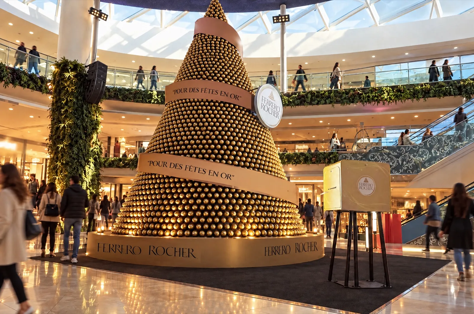 Au Morocco Mall, la borne photo dorée Ferrero Rocher installée au pied du sapin géant de boules dorées