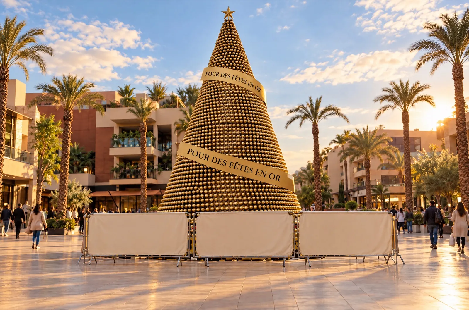 Le sapin de boules dorées Ferrero Rocher en extérieur à M Avenue, Marrakech, en fin de journée