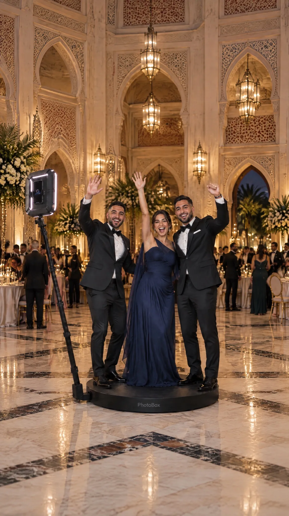 Soirée de gala dans une salle de réception marocaine : trois invités en tenue de soirée lèvent les bras sur la plateforme du photobooth 360° PhotoBox