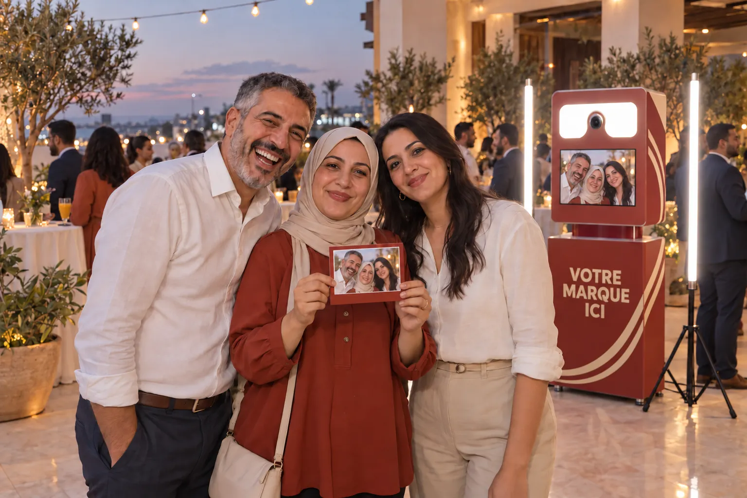 Trois collègues présentent leur tirage devant une Selfie Box aux couleurs de votre marque lors d’une soirée en terrasse
