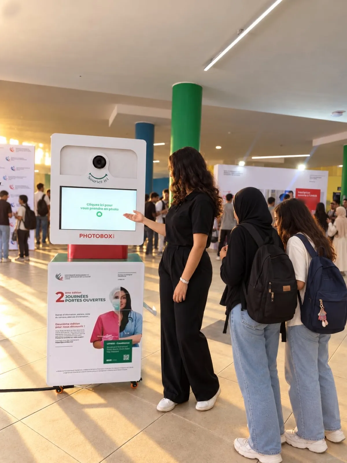 Dans le hall du campus, une hôtesse PhotoBox montre à deux visiteuses l’écran de la Selfie Box habillée de l’affiche des Journées portes ouvertes