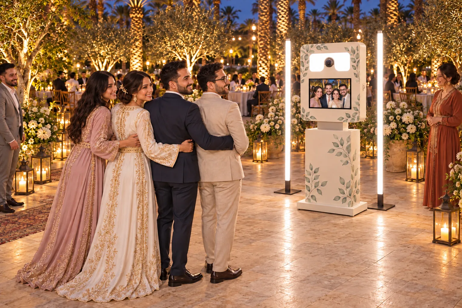 Les mariés et deux amis posent face à la Selfie Box ivoire à feuillages dans un jardin de réception